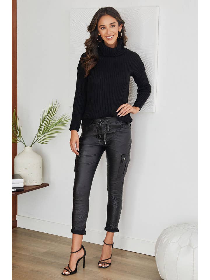 VENTI6 - Wholesale Pants - Women's - PU COATED CARGO CRINKLE JOGGERS (6809-PU)3