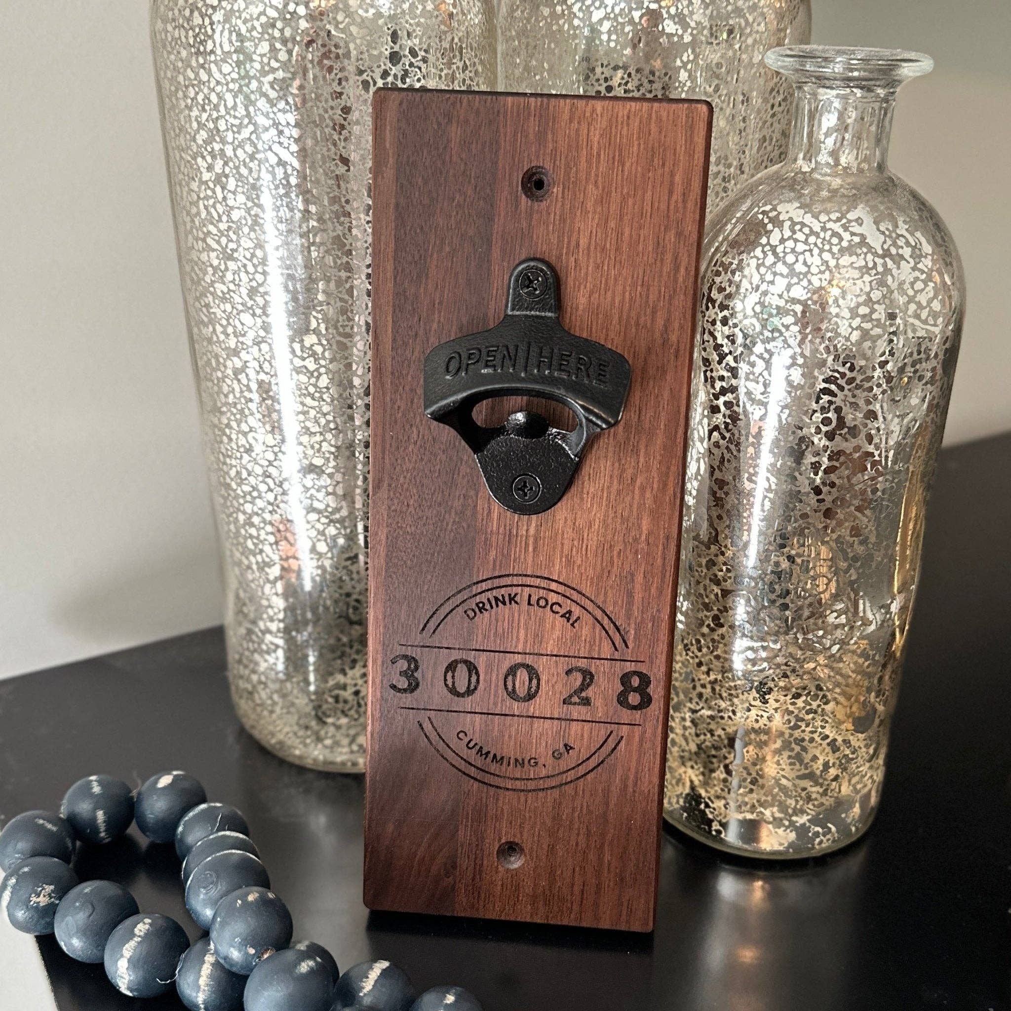 Seeds & Sawdust - Wholesale Bottle/Wine Opener - Custom Engraved Walnut Bottle Opener – Drink Local | City & Zip Code Wall Mount Gift1