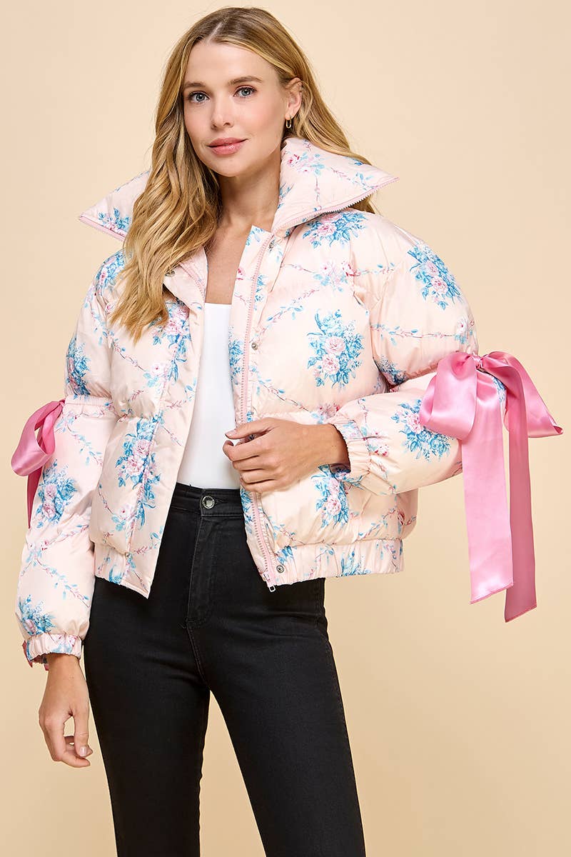TCEC - Wholesale Puffer Jacket - Women's - CJ6546-Floral Print Bow Knot Elbow String Puffer Jacket6