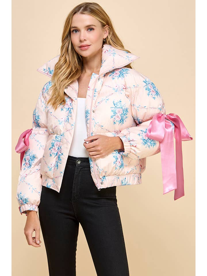 TCEC - Wholesale Puffer Jacket - Women's - CJ6546-Floral Print Bow Knot Elbow String Puffer Jacket6