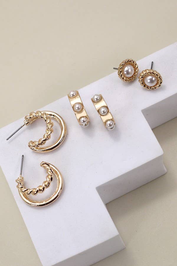 GOLD PEARL HOOP STUD TRIO EARRINGS | 80E2990 for wholesale on Faire1