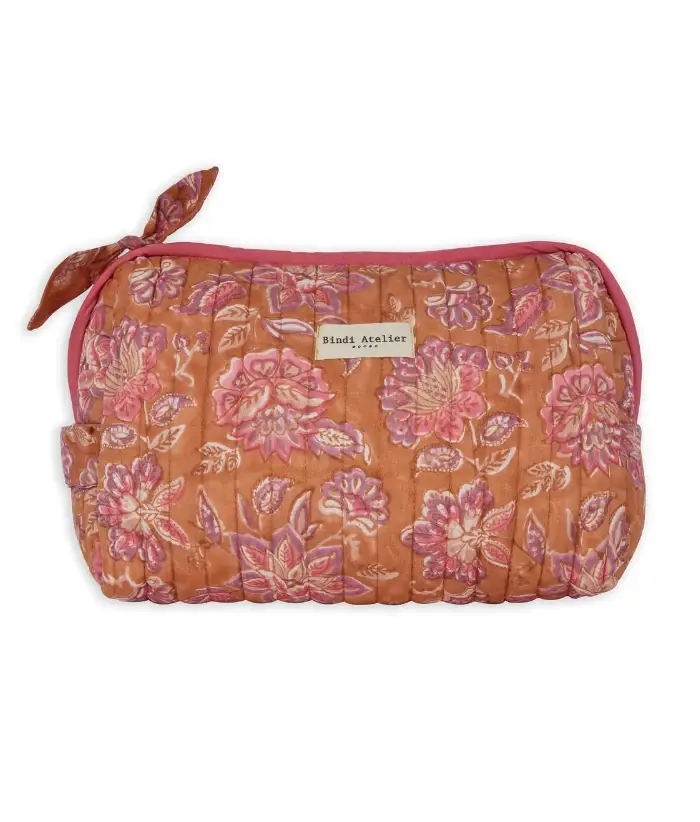 Bindi Atelier - Wholesale Toiletry Bag - Women's - Quilted cotton toiletry bag with block print - Matira Praline0