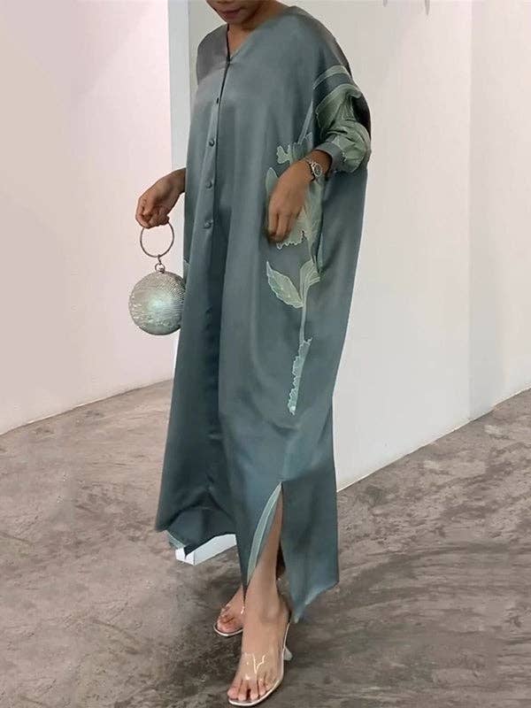 UZ Wholesale Store - Wholesale Dress - Women's - Long Sleeve Muslim V-Neck Floral Maxi Dress1