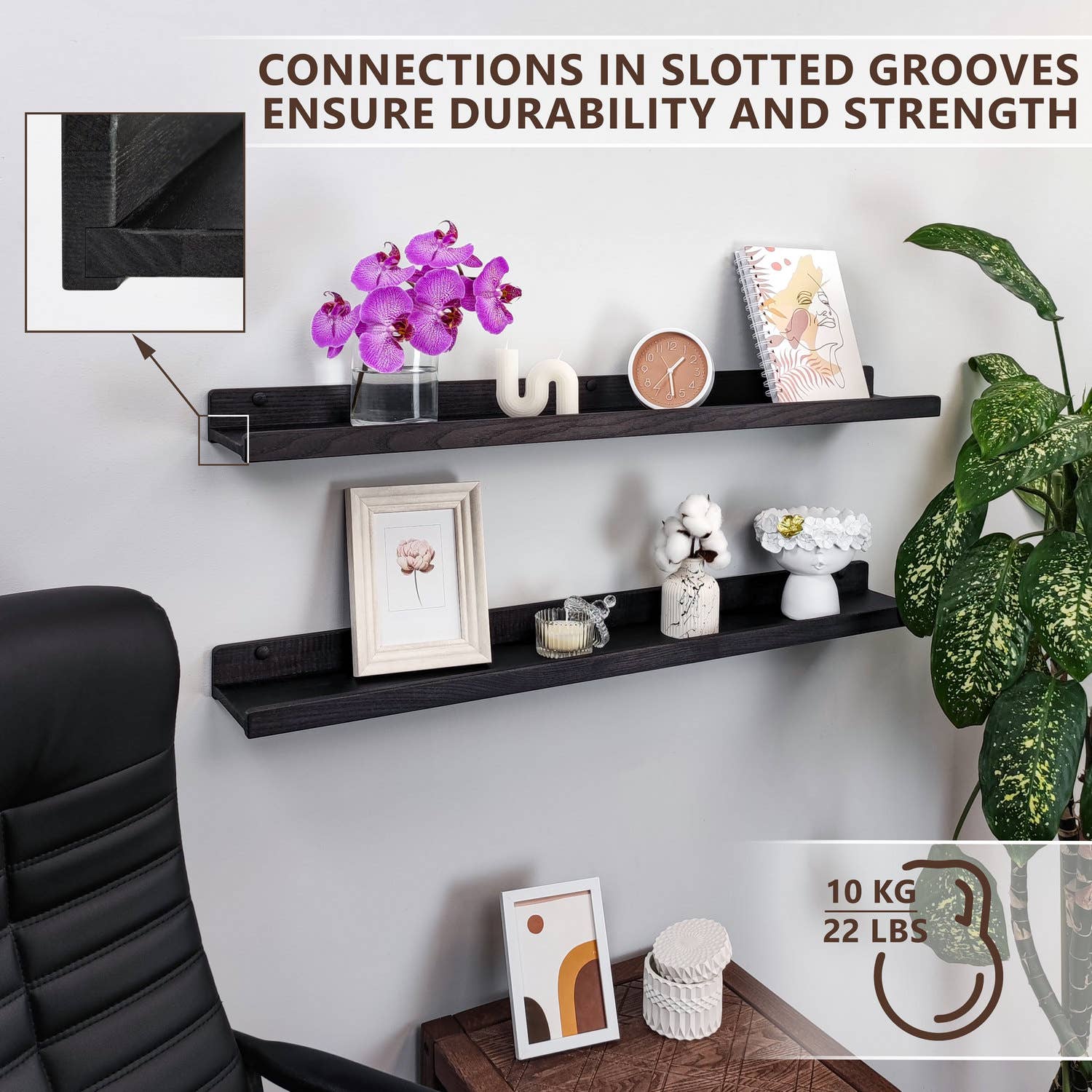 Wood Wedge - Vente Étagères murales - Étagères murales flottantes en frêne naturel avec rebord, lot de 2, 91 cm10