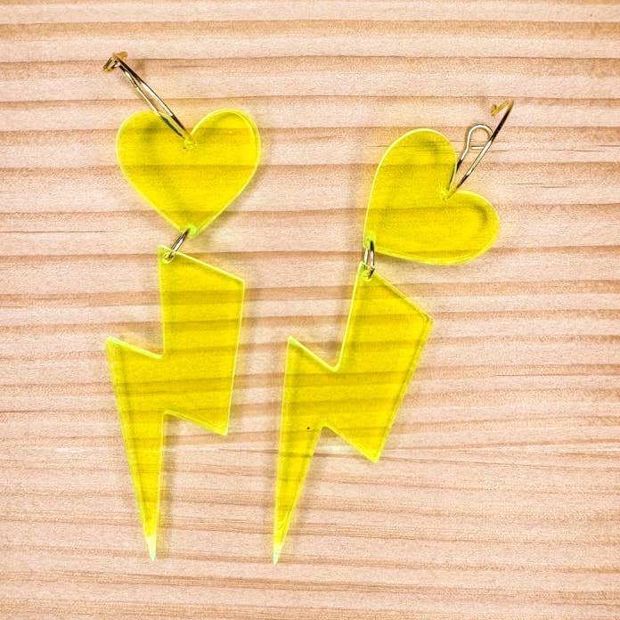 Neon Yellow Acrylic Love and Lightening Earrings for wholesale by Feather & Fox Print Co.