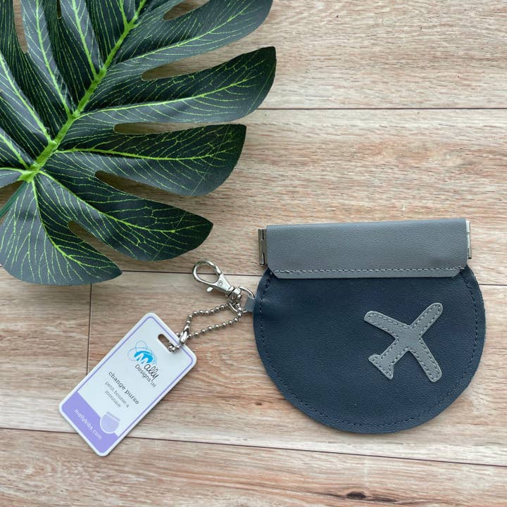 Leather Coin Purse with Airplane Design, Round Coin Purse for wholesale by Mally Designs
