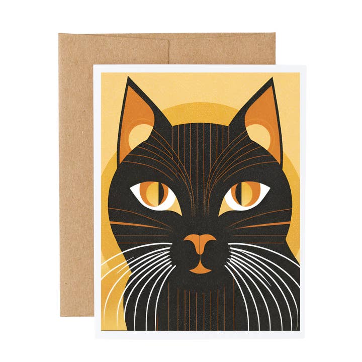 Art Deco Orange and Black Halloween Black Cat Card for wholesale by Cryptic Paper Co.