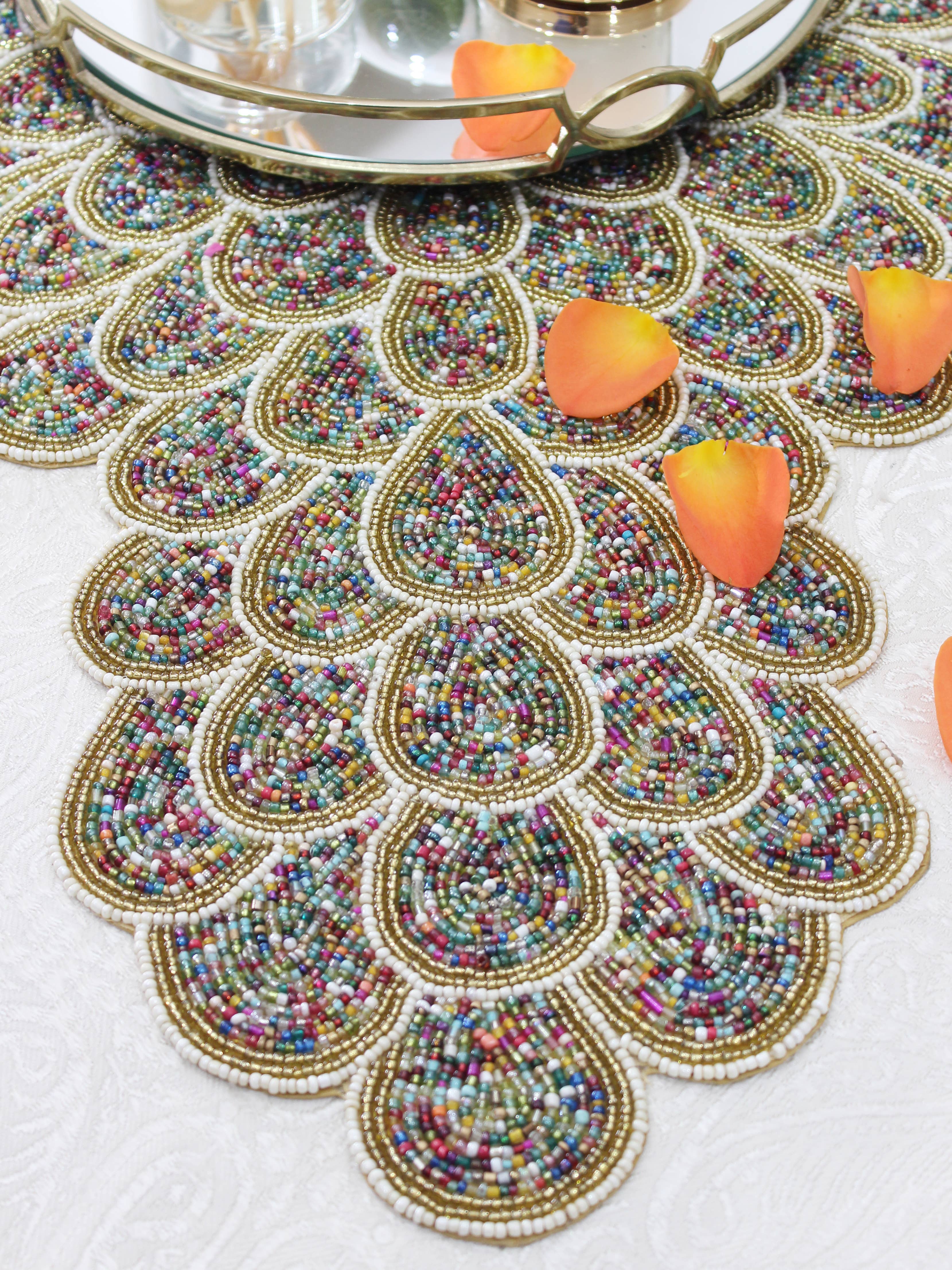 Rosenbelle London – wholesale Table runner – White & Gold Multicoloured Petals Handmade  Table Runner1