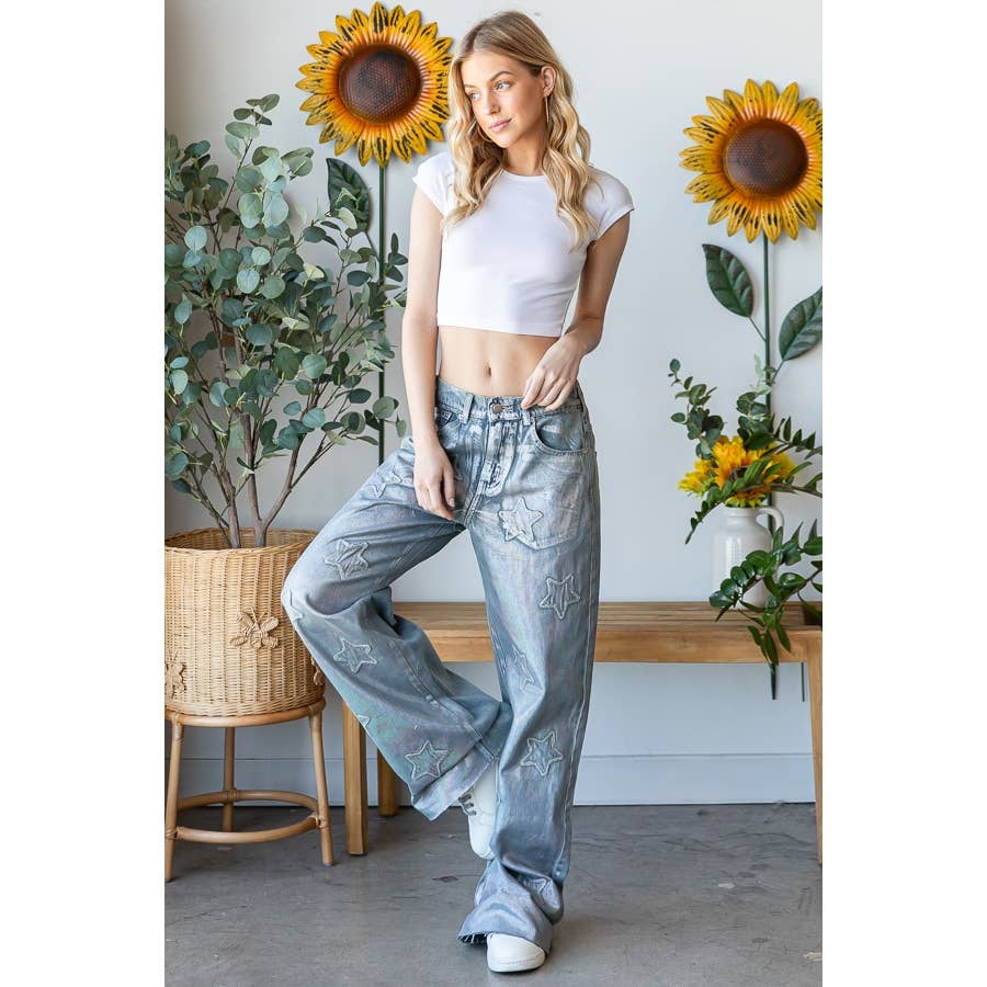 WASHED FOIL LOVE PATCHWORK DENIM JEANS for wholesale on Faire5