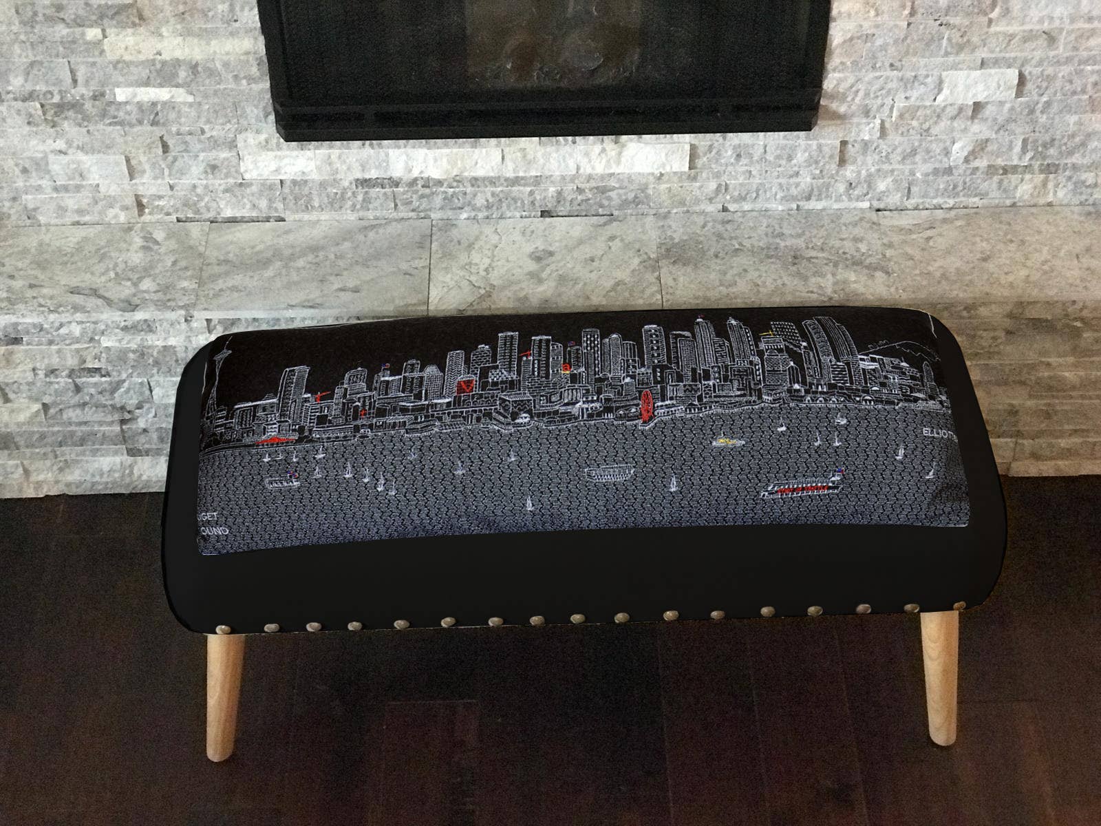 Grey SEATTLE embroidered skyline Ottoman for wholesale on Faire0