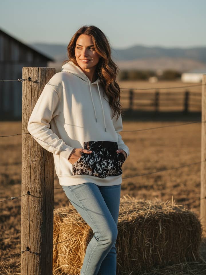 Western Linens - Vente Sweat à capuche – femme - Sweat à capuche beige avec poche en cuir de vachette