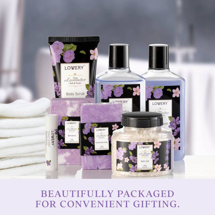 Lovery - Wholesale Bath & Body Set - Lavender & Lilac Spa Gift Basket - Aromatherapy Stress Kit