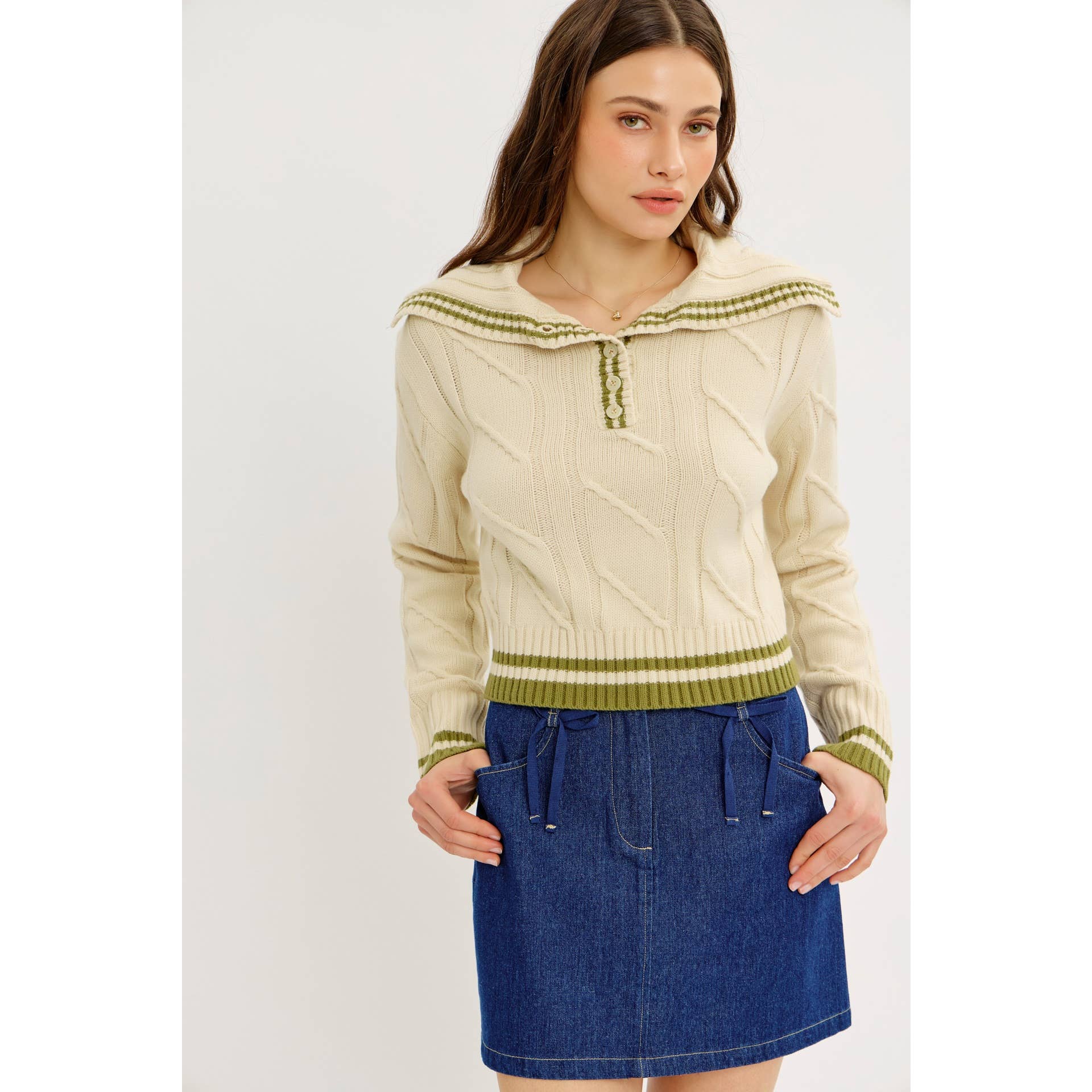 idem ditto - Wholesale Knit Sweater - Women's - PREPPY NOSTALGIA STRIPED COLLAR CABLE KNIT SWEATER15