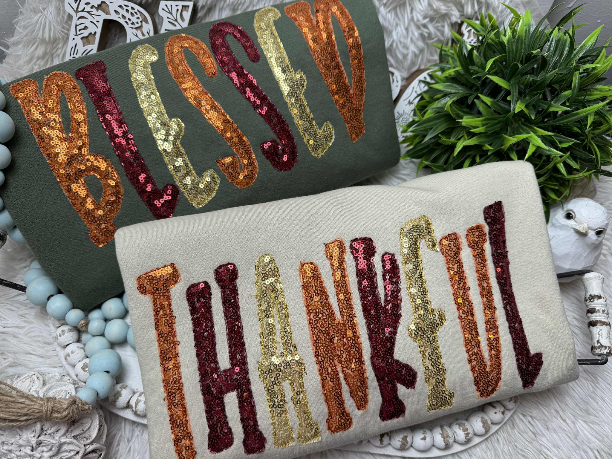 April's Sew Vinyl - Wholesale Sweatshirt - Women's - Thankful or Blessed Sequin Sweatshirt, Fall, Thanksgiving0