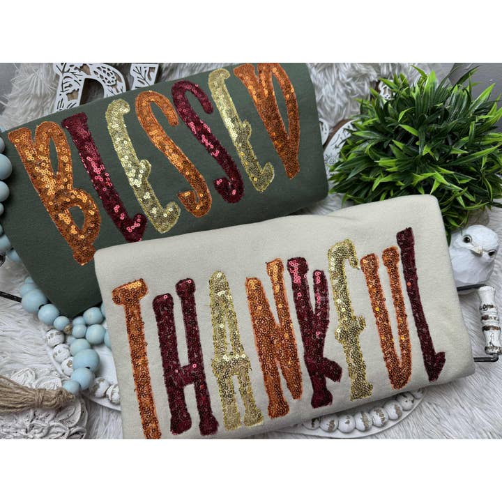April's Sew Vinyl - Wholesale Sweatshirt - Women's - Thankful or Blessed Sequin Sweatshirt, Fall, Thanksgiving