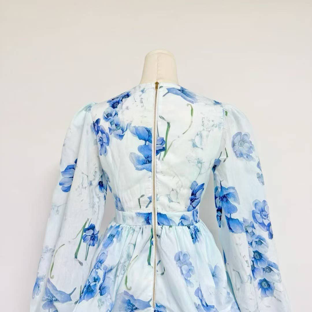 Productseeker - Wholesale Dress - Women's - DR438 V-Neck Lantern Sleeve Floral Print Short Dress5