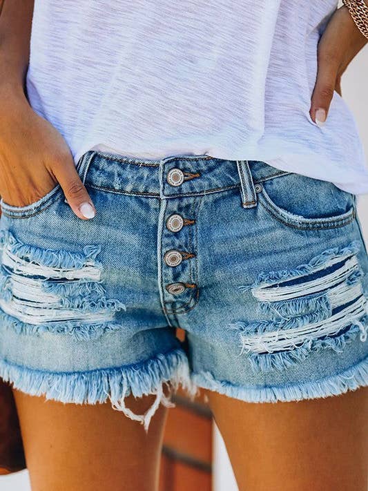 Light Blue Straight Breasted Ripped Tassel Denim Shorts for wholesale on Faire