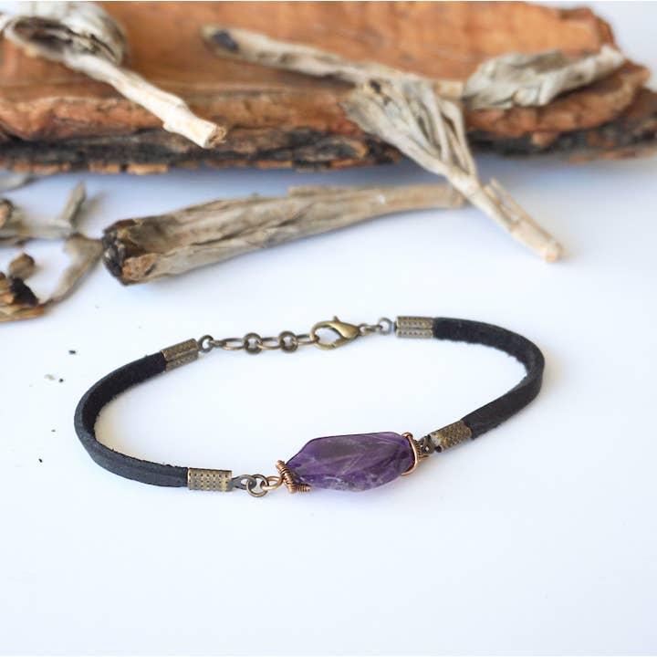 Raw Stone Elegance - Venta al por mayor Pulseras de abalorios/colgantes - Pulsera de piel de amatista, ajustable, regalo navideño