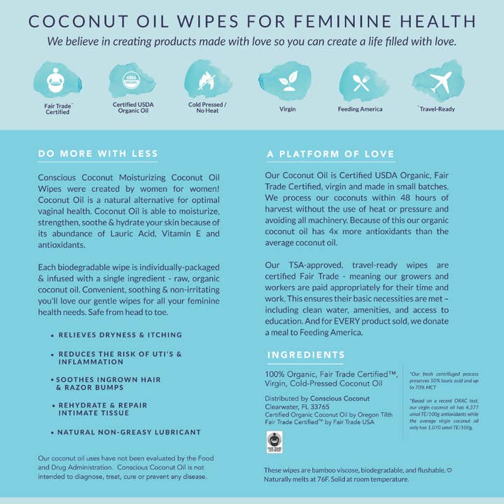 Conscious Coconut - Wholesale Intimate cleanser/wipe - Feminine Health Coconut Oil Wipes (Pouch of 10)2