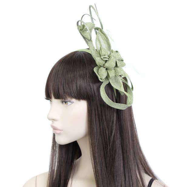 Inca UK – wholesale Fascinator hat – Women's – Style Ruby. Sage Green sinamay flower fascinator with quills