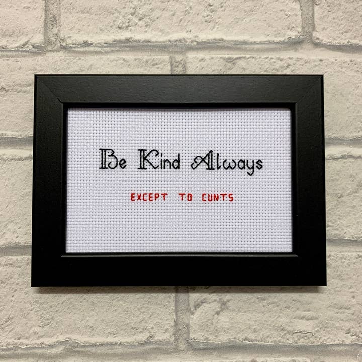 MATURE framed & finished cross stitch bitch, Be Kind Always, subversive needlepoint funny embroidery sweary birthday him her, alternative for wholesale by Cross Stitch Bitch