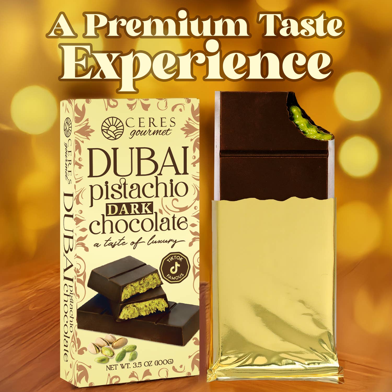 Ceres Gourmet - Wholesale Chocolate Bar - 3.5 oz Dark Dubai Chocolate Bar Pistachio - Gift-Ready Pack1