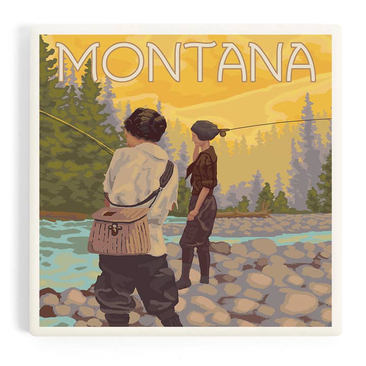 CERAMIC COASTER Montana, Women Fly Fishing for wholesale by Lantern Press