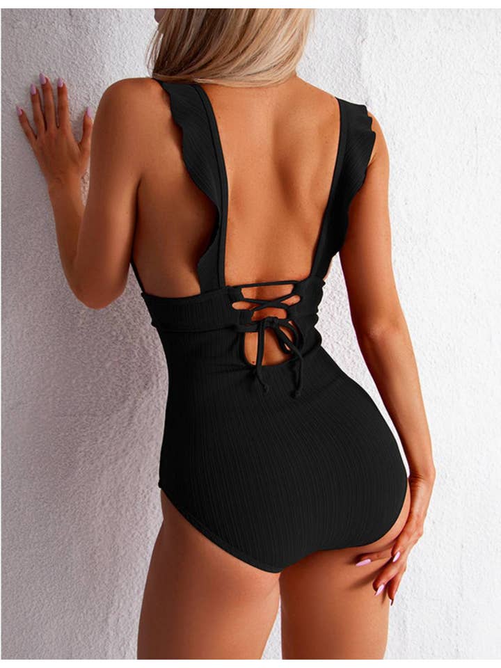 Sweetkama - Wholesale One Piece Swimsuit - Women's - Ladies Rib Ruffle Neck One Piece Swimwear SKSW400791