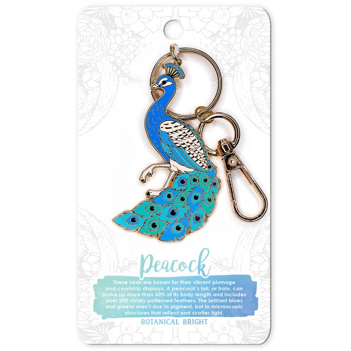 Peacock Deluxe Size Enamel Keychain for wholesale by Botanical Bright