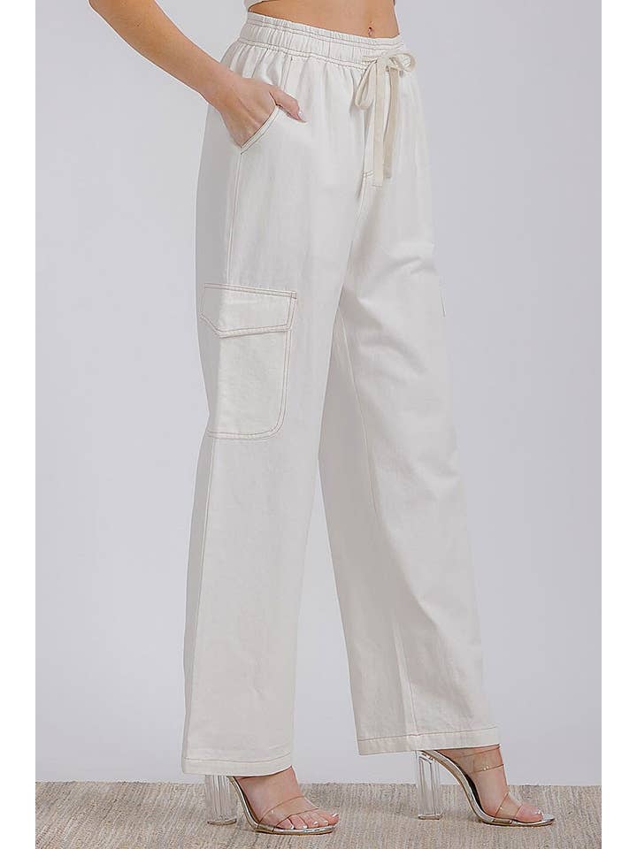 ROUSSEAU - Wholesale Pants - Women's - ELASTIC WAIST CARGO POCKETS WIDE LEG DENIM PANTS