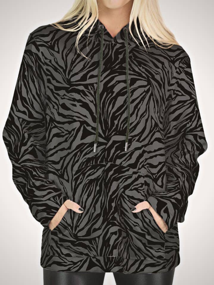 Its a Vibe Velvet Printed Hoodie // Black + Grey Tiger for wholesale by The OM Collection