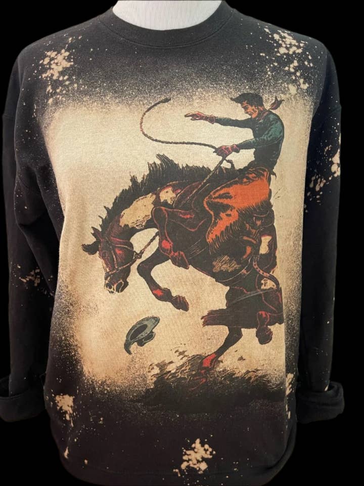 Bronc Rider on Sports Bleach Black Sweatshirt / Western for wholesale by Bling-A-GoGo, LLC