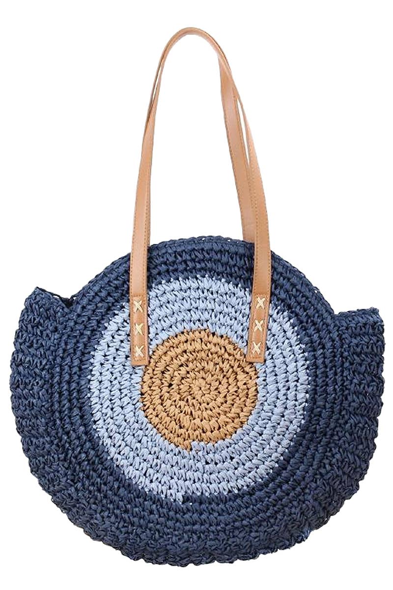 Cap Zone - Wholesale Beach Bag - Boho Evil Eye Rattan Wicker Round Beach Tote Bag0