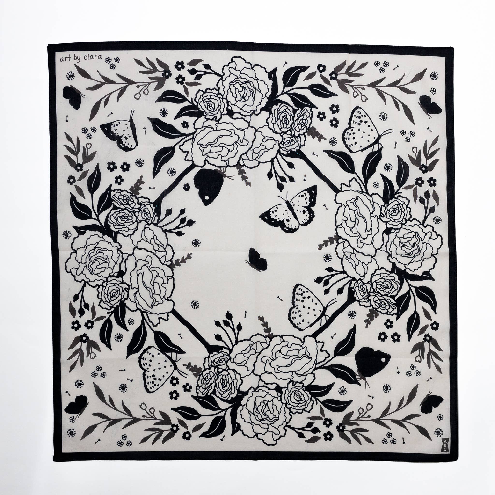Art by Ciara - Wholesale Bandana - Women's - Black Butterfly and Flowers Bandana2