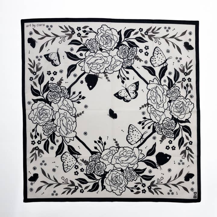 Art by Ciara - Wholesale Bandana - Women's - Black Butterfly and Flowers Bandana2