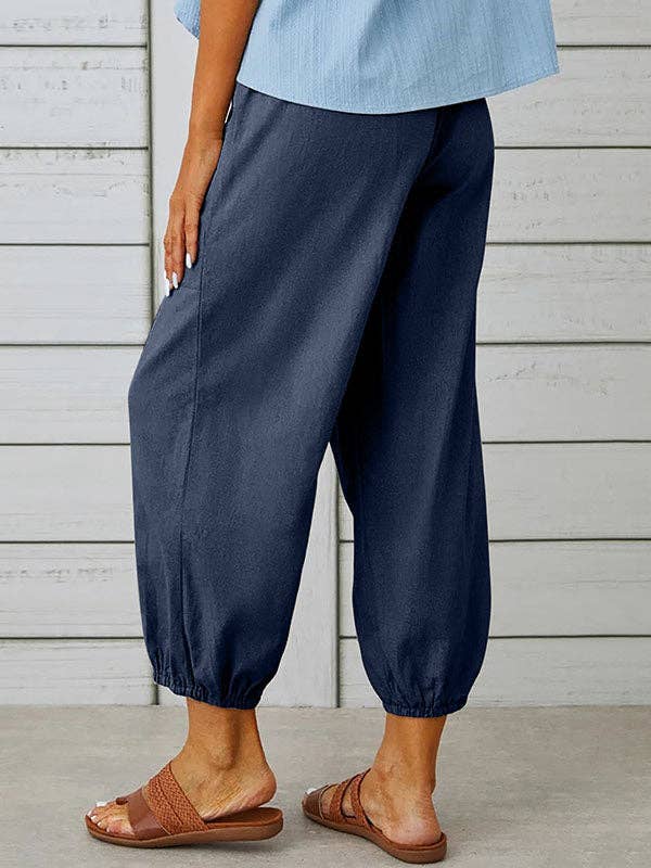 Plush Looks - Wholesale Pants - Women's - High Waisted Loose Buttoned Drawstring Elasticity Pockets Split-Joint Ninth Pants Trousers4