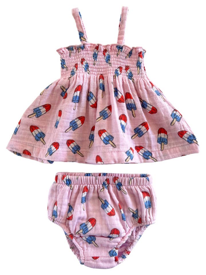 SpearmintLOVE – wholesale Clothing set – Baby – Muslin Smocked Top & Bloomer, Pink Red, White & Blue Popsicle