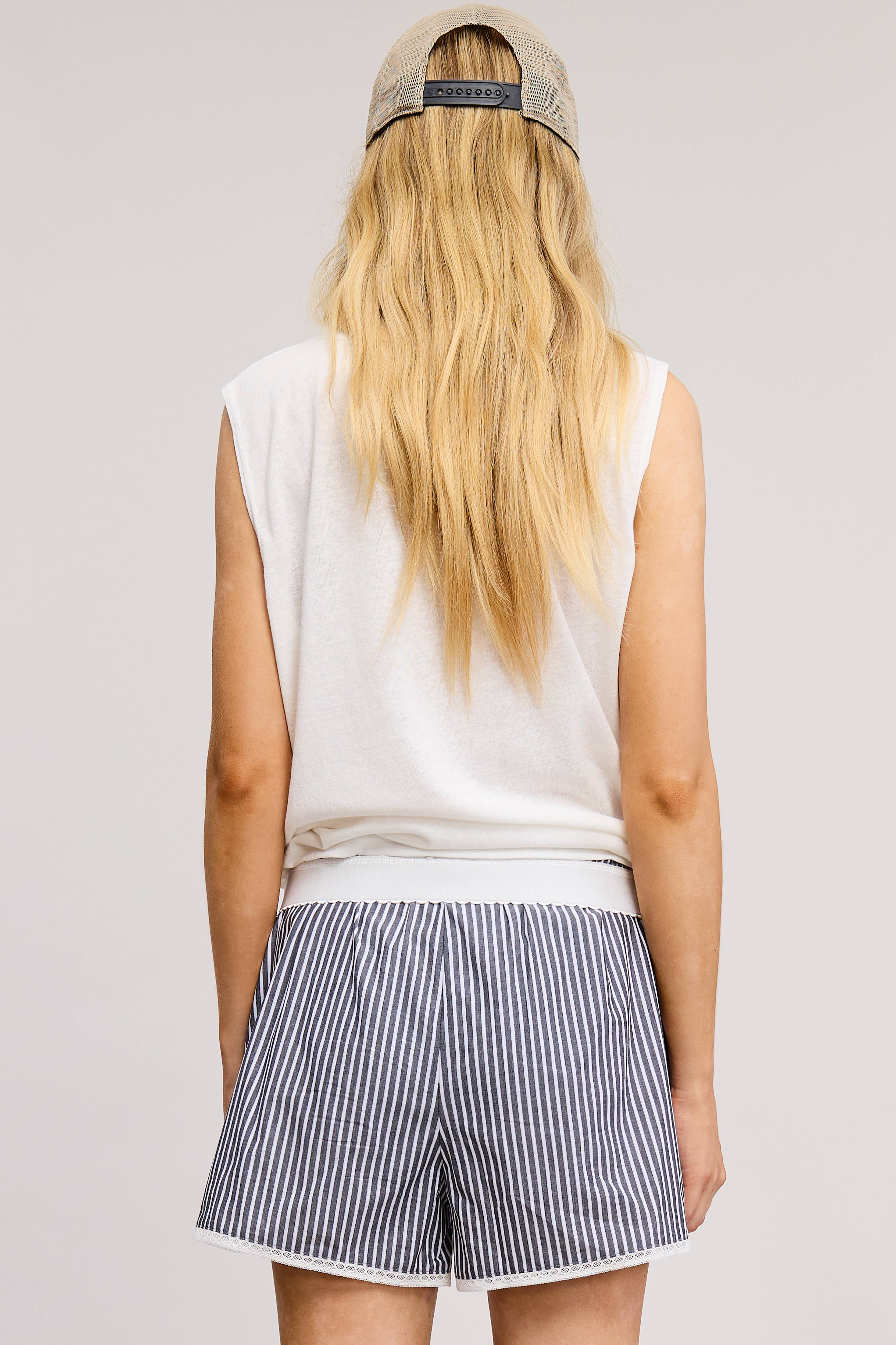 Mimosa - Wholesale Shorts - Women's - Scalloped Lace Hem Striped Boxer Style Shorts3