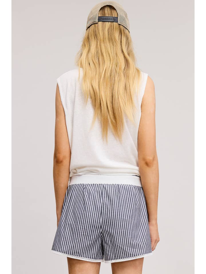 Mimosa - Wholesale Shorts - Women's - Scalloped Lace Hem Striped Boxer Style Shorts3