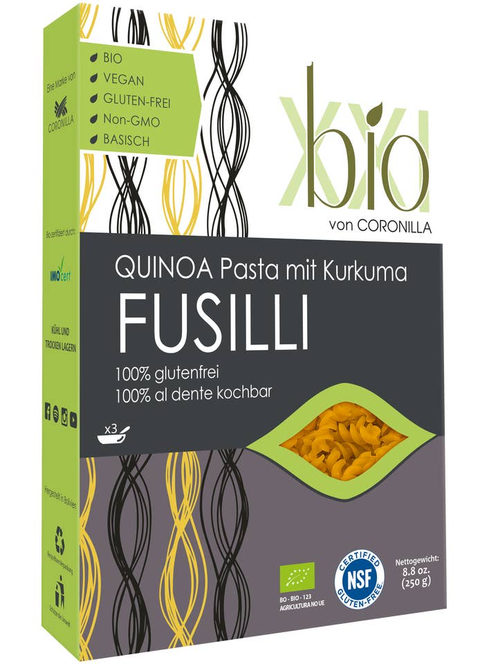 Organic fusilli from royal quinoa, rice, turmeric for wholesale by BIOXXI