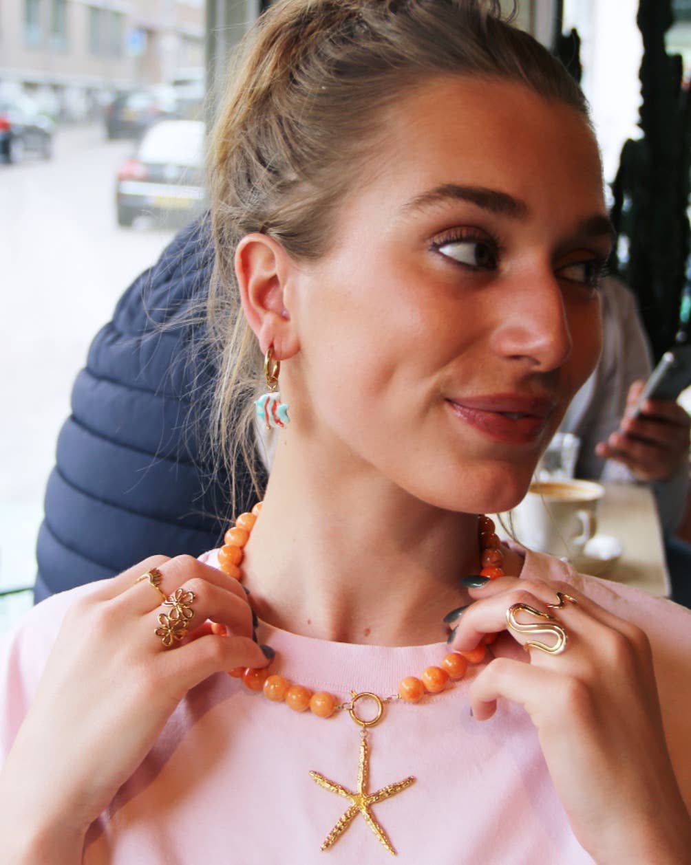 Bazou - Wholesale Beaded/Pearl Necklace - Natural stone bead necklace XL - orange1