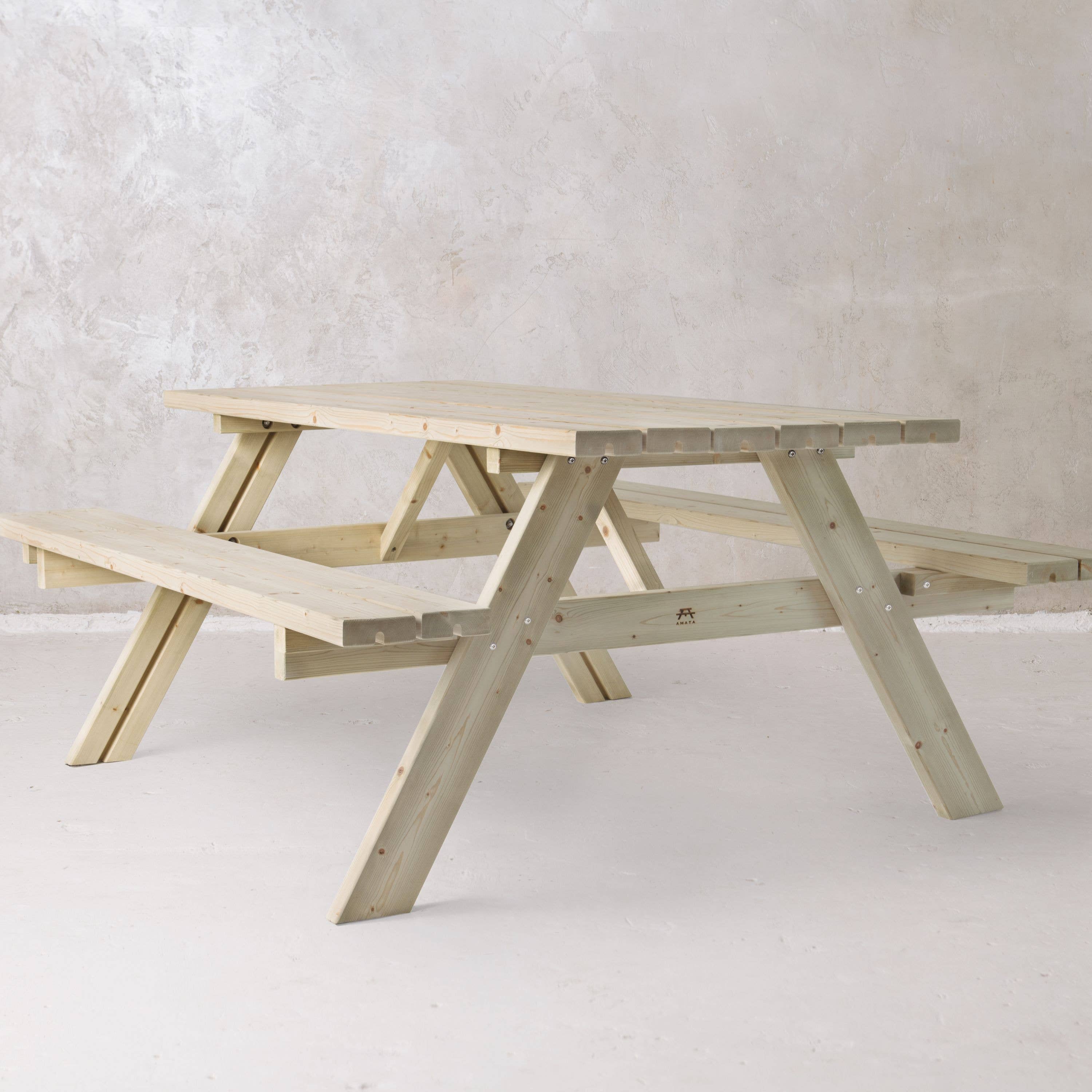 AMATA – Mesa de pátio por atacado – Conjunto de Mesa de Piquenique em Madeira com Bancos em A1