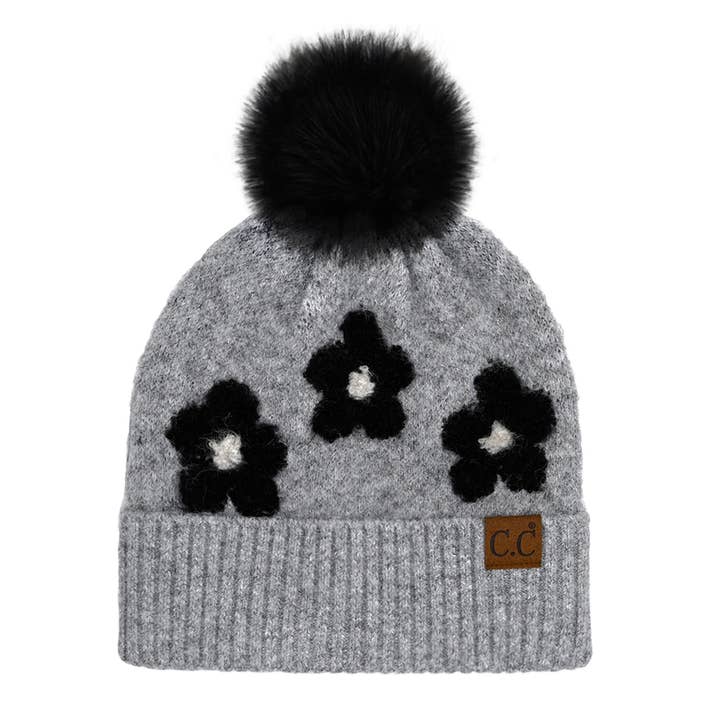 Fashion City - Wholesale Beanie - Women's - Daisy Patterned Cuff Beanie with Pom Pom