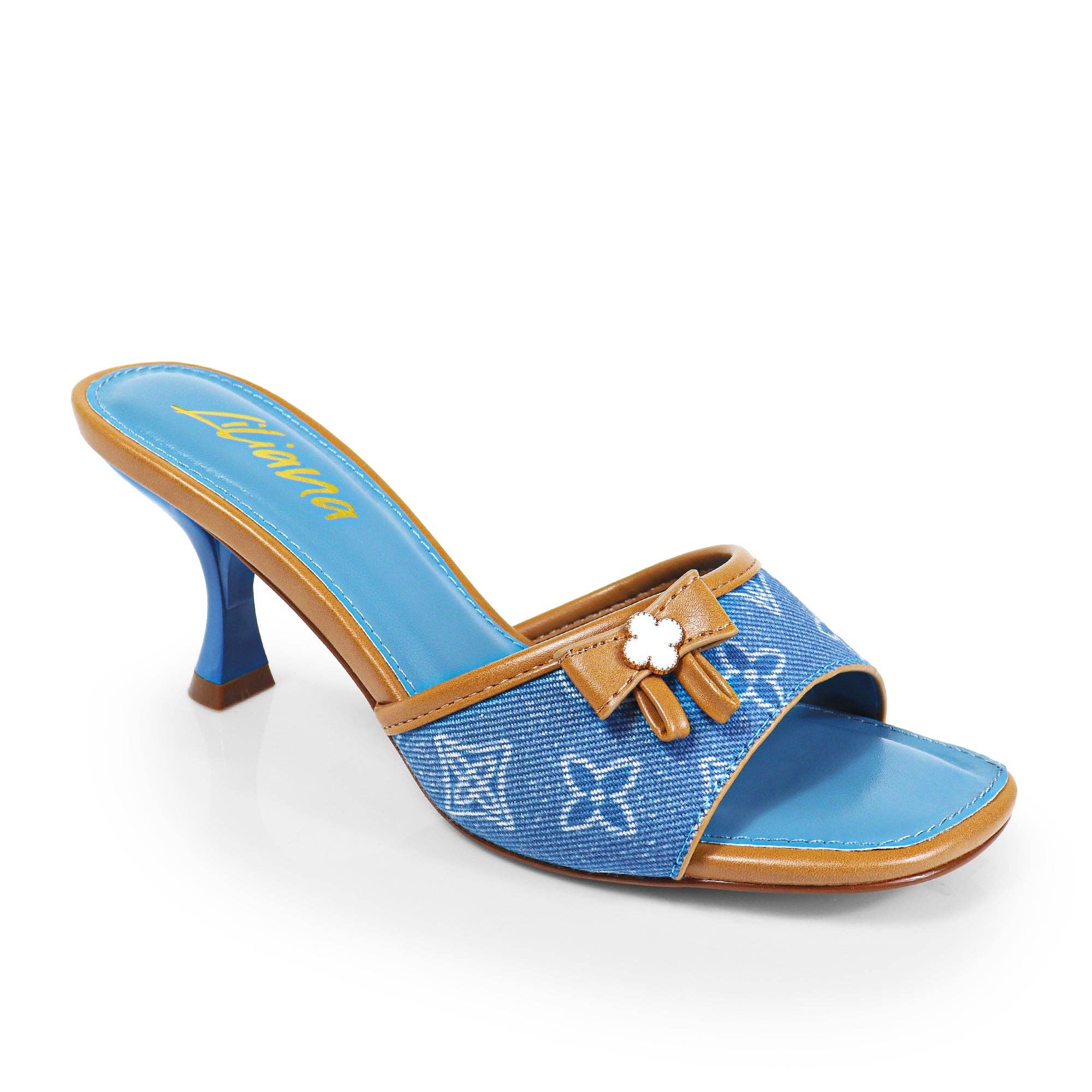 Denim DANA-1 MULE À BOUT OUVERT IMPRIMÉ TALON KITTEN EN DENIM en vente sur Faire1