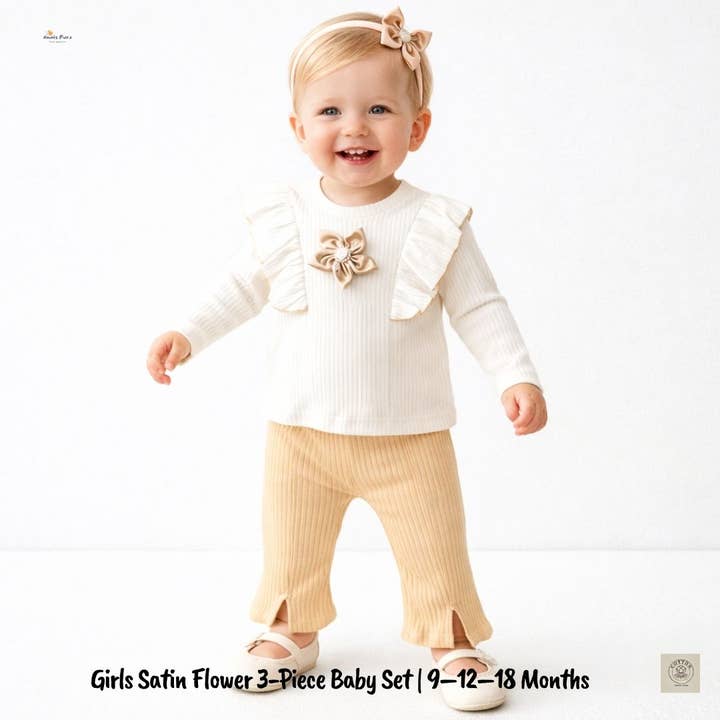 Flickor Satin Blomma 3-delars Babyset | 9–12–18 Månader för wholesale av Omnis Pura