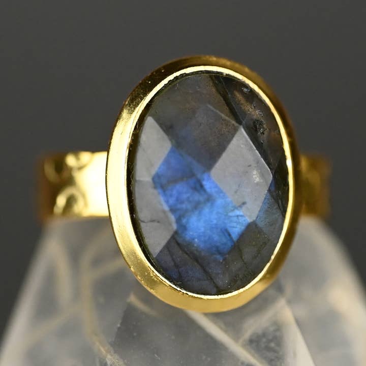 Labradorite Oval Ring on a Hand Hammered Golden Band for wholesale by KBD Studio