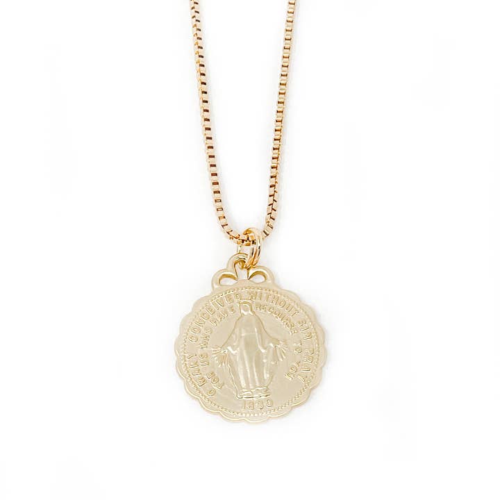 18" Non-Tarnish Box Chain with Matte Gold Miraculous Medal for wholesale by PowerBeads by jen