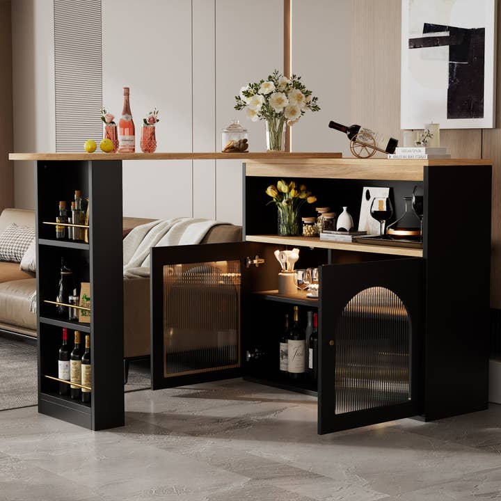Urban Meuble - Wholesale Sideboard - Modern black rotating extendable bar table with storage and LED light strip THRUTELS BLACK11