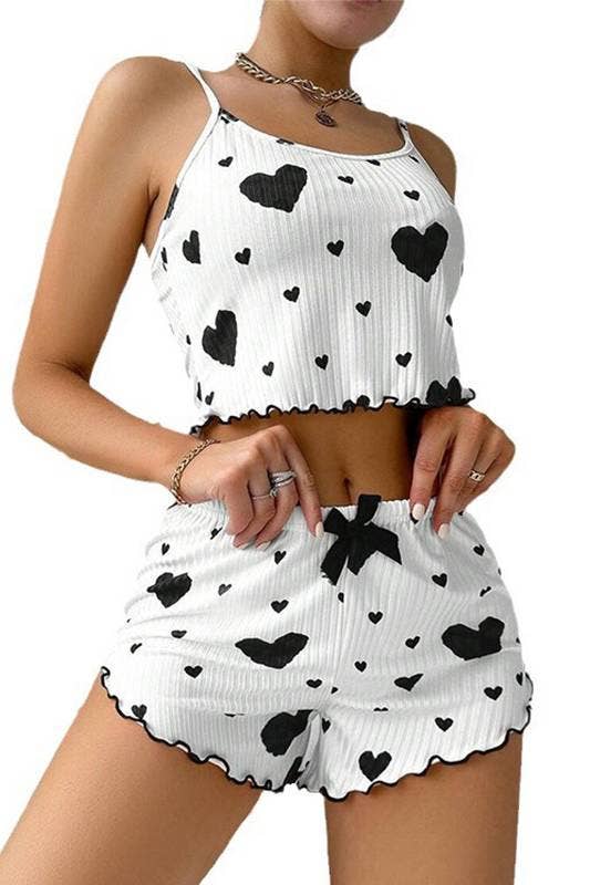 HIDDENBRAND - Wholesale Lounge Set - Women's - Valentines Red Heart Print cami short pajama Lounge Set1