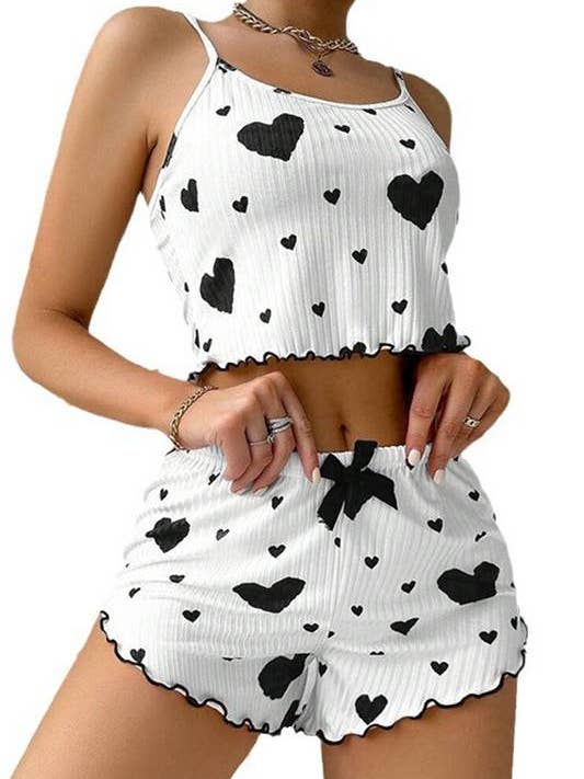 HIDDENBRAND - Wholesale Lounge Set - Women's - Valentines Red Heart Print cami short pajama Lounge Set1